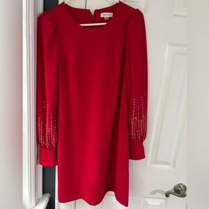 Calvin Klein Red Ribbed Sheath Dress with Bishop Sleeves